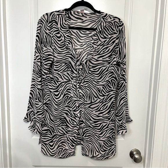 Victoria's Secret Other - Victoria Secret Zebra‎ Print Sheer Ruffle Deep V Button Robe Swim Cover- Medium